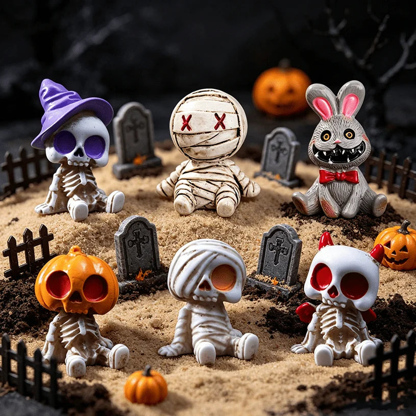 6 figuras de resina para Halloween (esqueletos y momias) – Mini estatuas para micro paisajismo, bonsáis, decoración de coches o escritorios