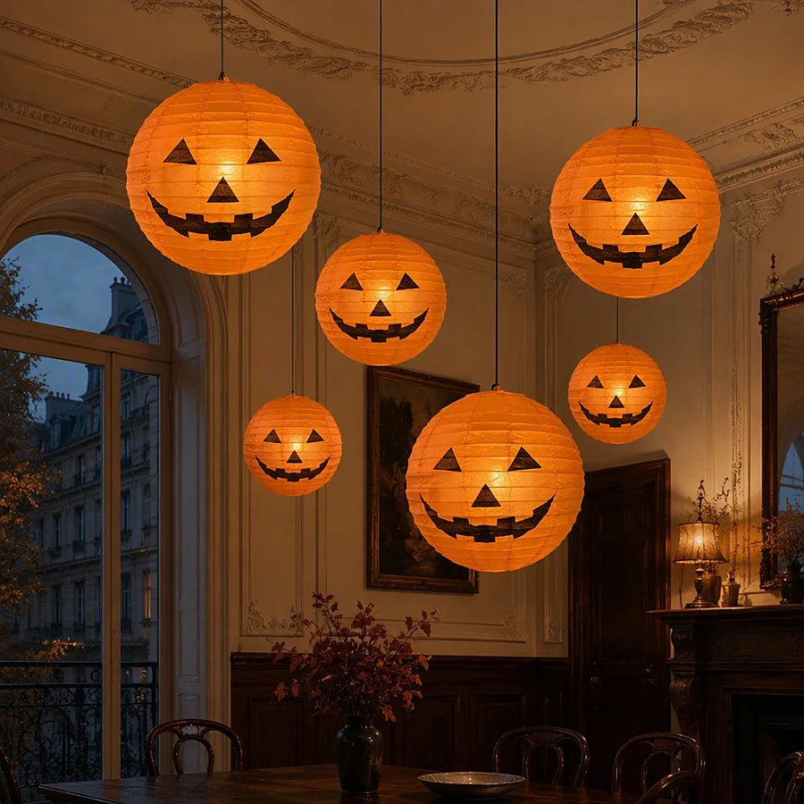 Unidades de farolillos de papel colgantes para Halloween, ideales para decorar el hogar, interiores, exteriores o el jardín; adornos y accesorios con temática de calabazas de terror para fiestas de Halloween.