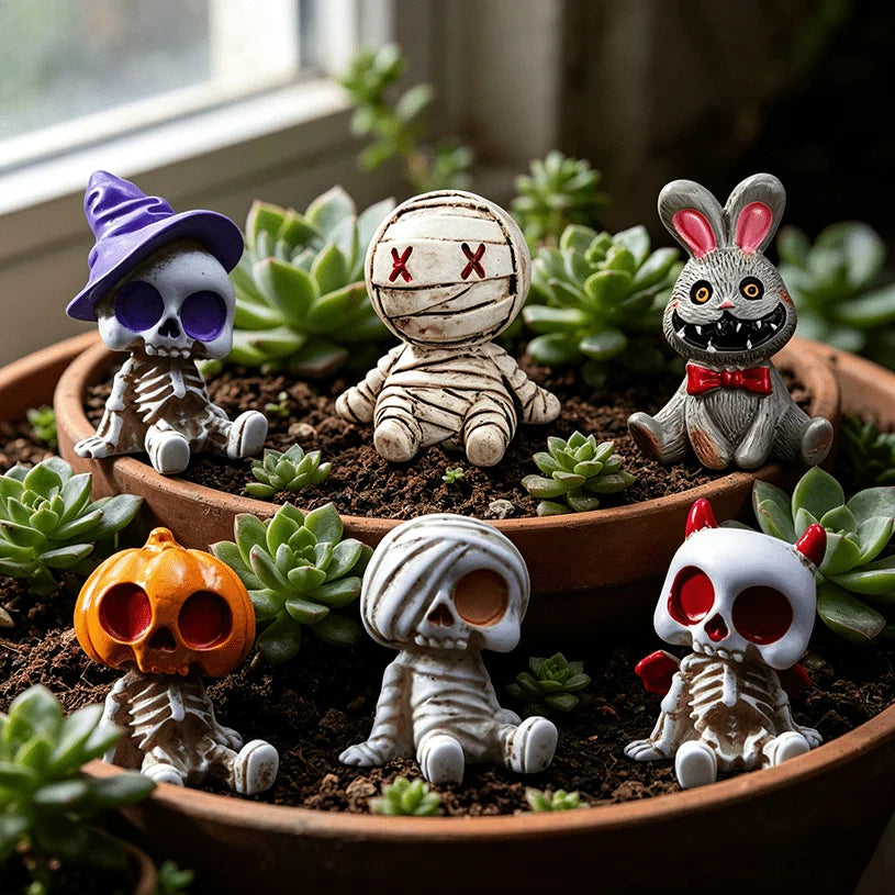 6 figuras de resina para Halloween (esqueletos y momias) – Mini estatuas para micro paisajismo, bonsáis, decoración de coches o escritorios