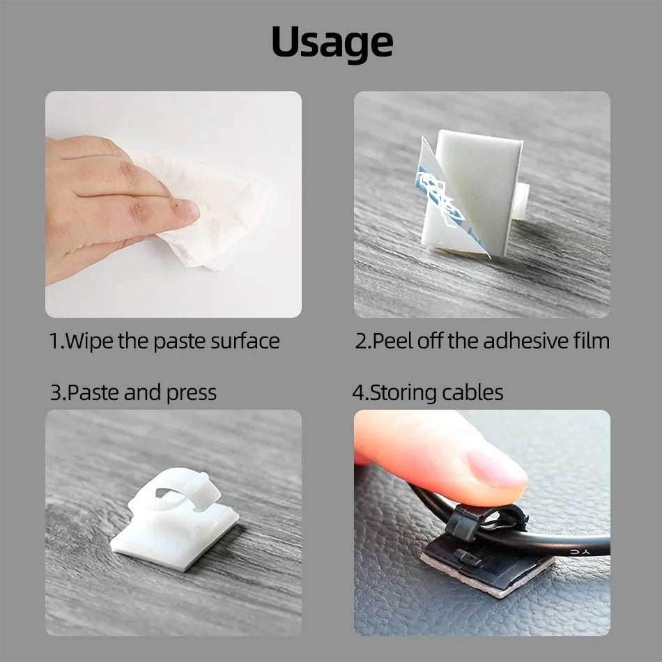 Clips organizadores de cables, soportes para cables, gestor de cables para escritorio o estación de trabajo, organizador para cables de carga USB y datos, enrollador de cables.